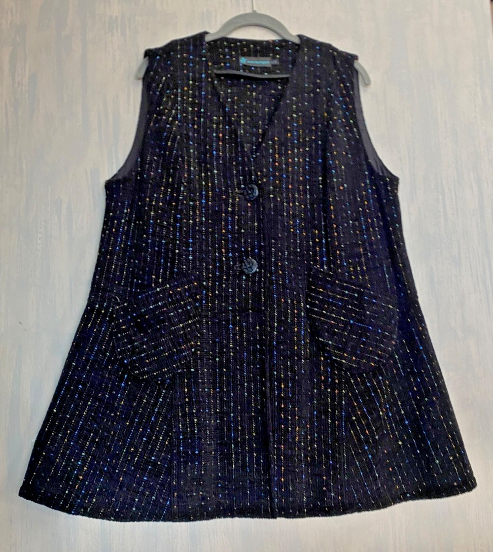 LYNN YARRINGTON VT Fiber Artist Hand-Woven Chenille Long Cardigan Vest Black L
